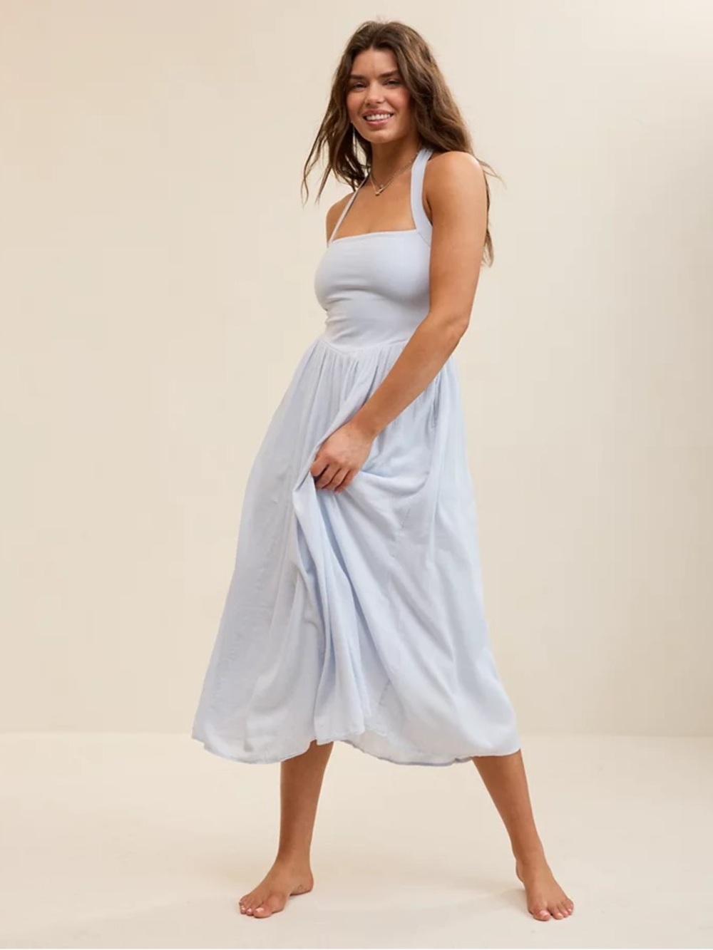 Aerie Light Blue Halter Midi Maxi Dress Size Medium M Tie Neck Flowy Sundress